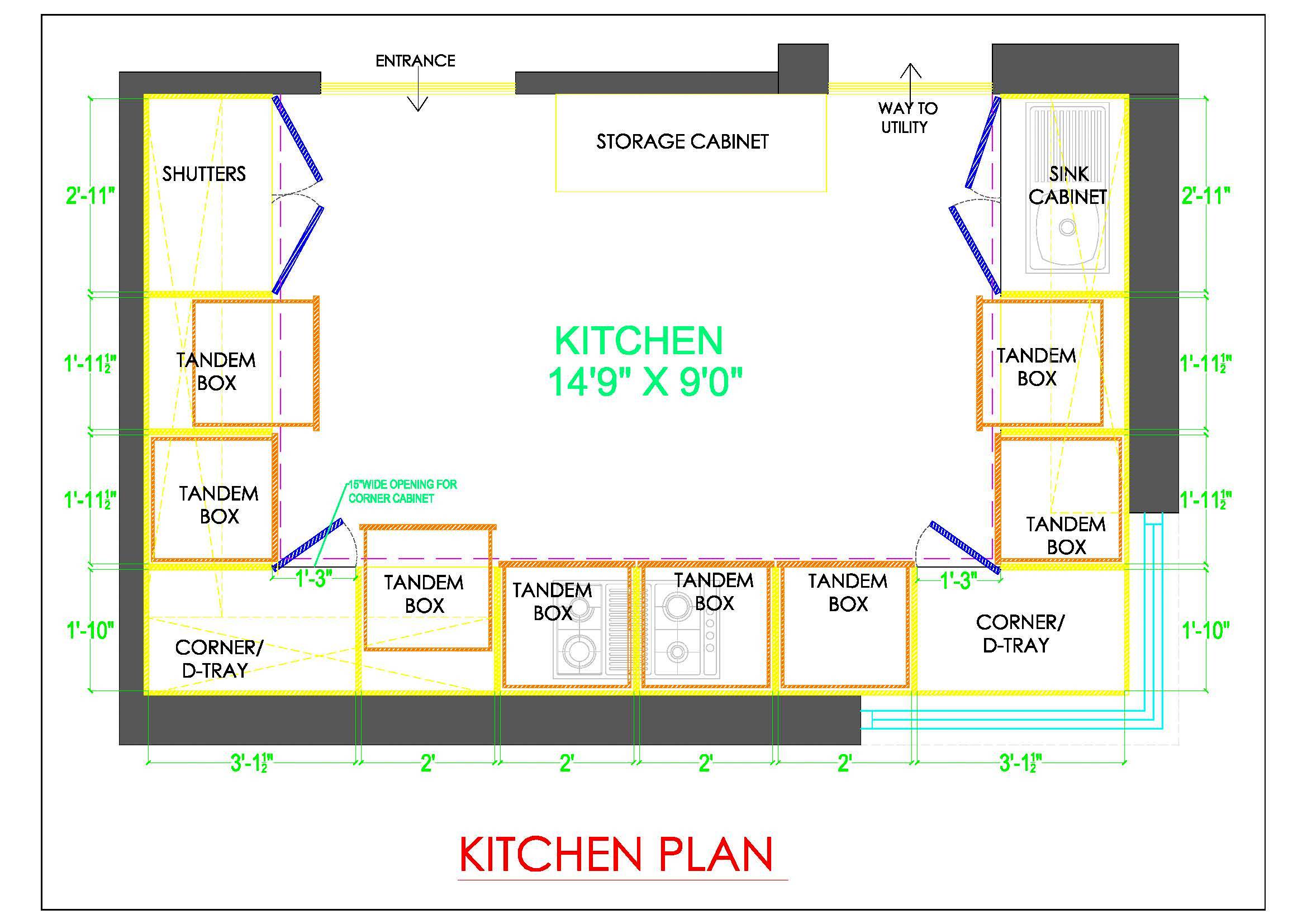 15'x9' Kitchen Layout Plan - Free CAD Block